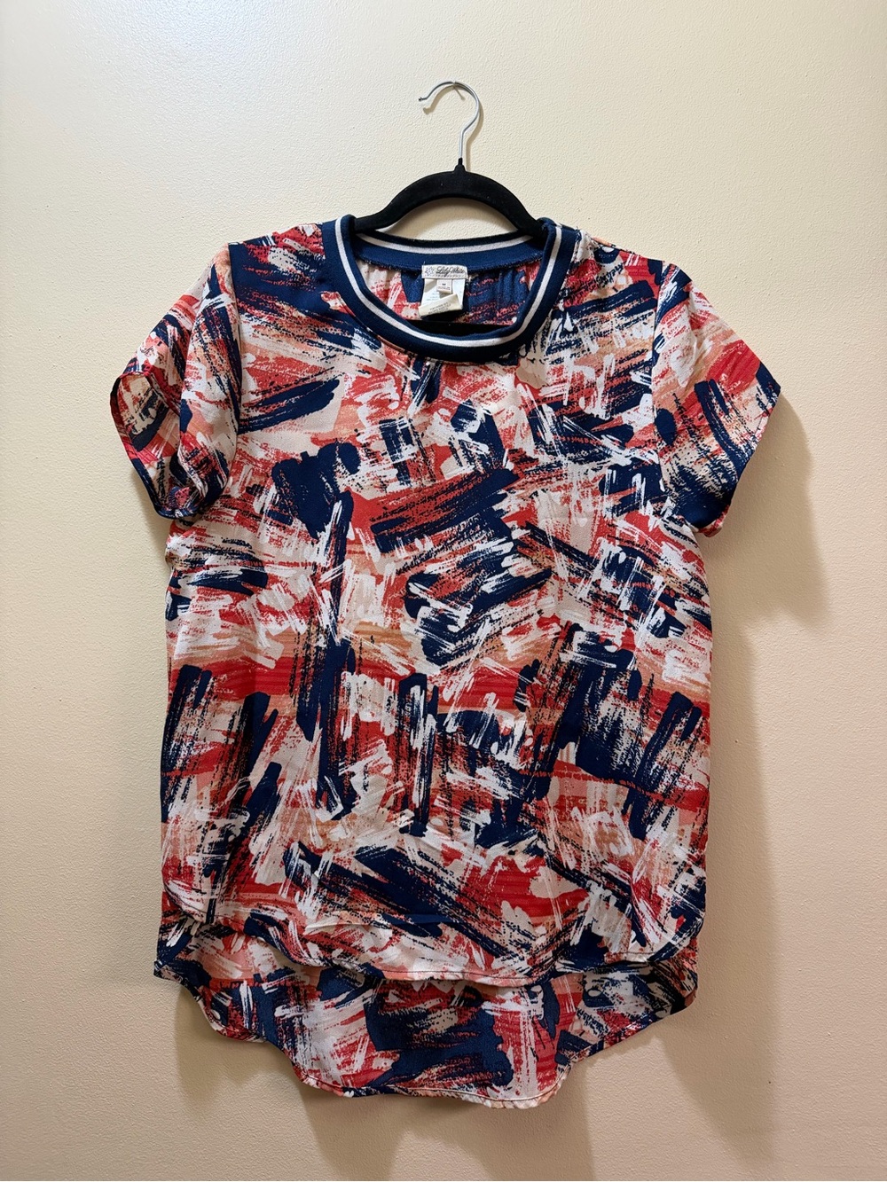 Lily White Short-Sleeve Brushstroke Print Top - Navy, Red & White